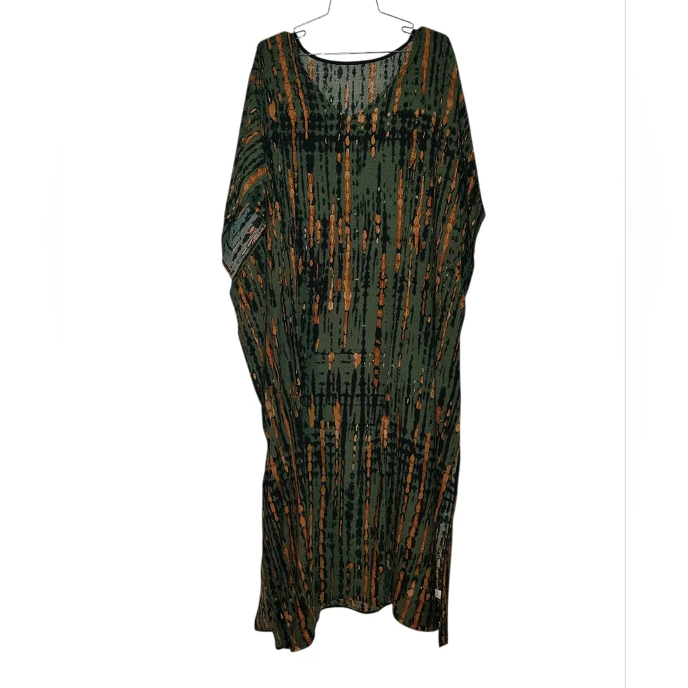 Olive & Orange Pattered Kaftan Beach Cover Up One Size - Picture 3 of 5